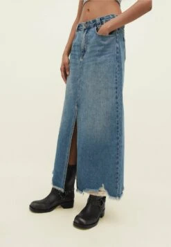 Stradivarius Long With Front Seam - Gonna Lunga - Light Blue Denim