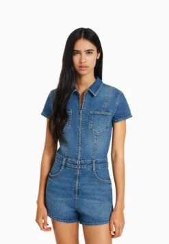 BERSHKA ZipTuta JumpsuitLight Blue Denim Donna Tute Jumpsuit BEJ21T0AY-K11